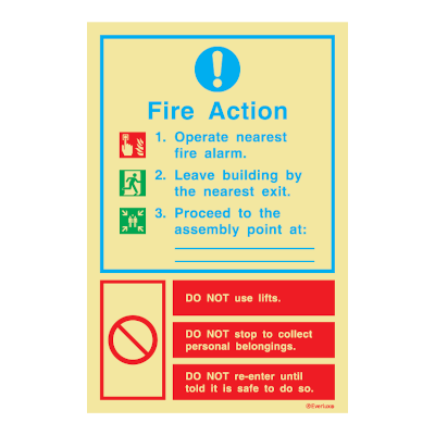 Everlux Photoluminescent Sign - Fire Action Notice With Blank Assembly Point Line